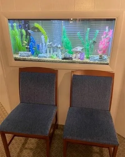 Waiting room chairs beneath the aquarium set into the wall at Sicher Family Dentistry.